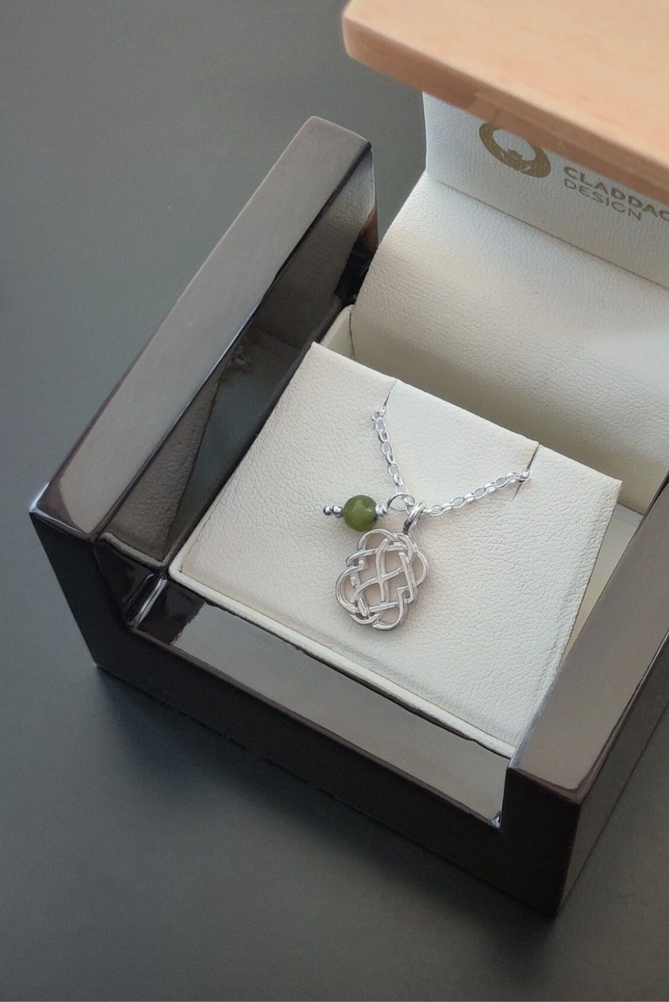 Gold Celtic Love Knot Necklace with Connemara Marble - Image 2