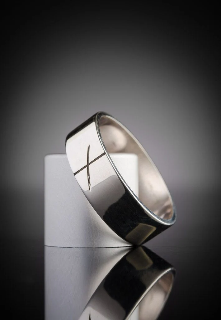 White Gold Ogham Wedding Band Men's